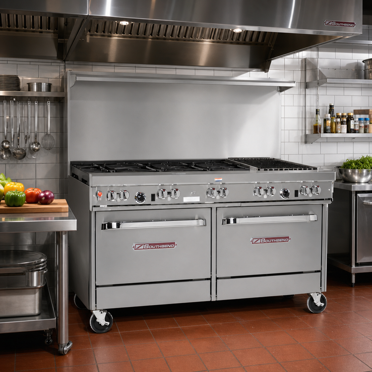 Product image #2 for Southbend Ultimate 60-Inch Commercial Gas Restaurant Range with Convection Oven, 24-Inch Charbroiler, and Cabinet Base