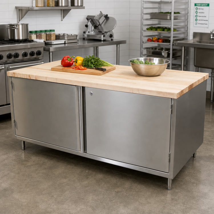 Product image #2 for BK Resources 72-Inch x 30-Inch Hard Maple Chef Table with Locking Hinged-Door Stainless Steel Cabinet Base
