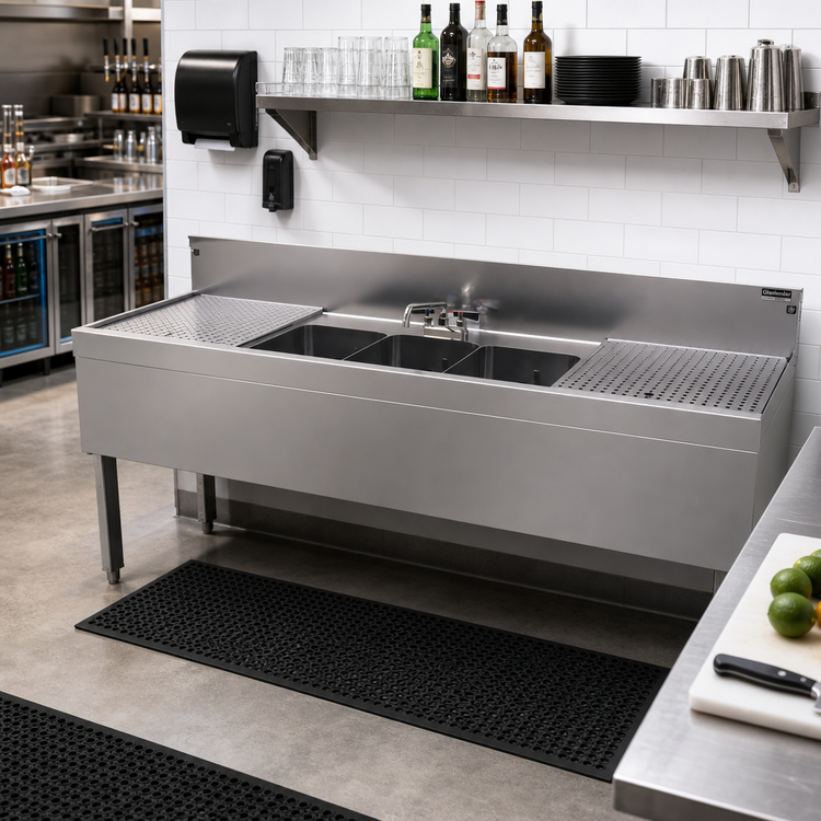 Product image #2 for Glastender TSB-72-S 72-Inch Underbar Three-Compartment Stainless Steel Sink with Left and Right Drainboards