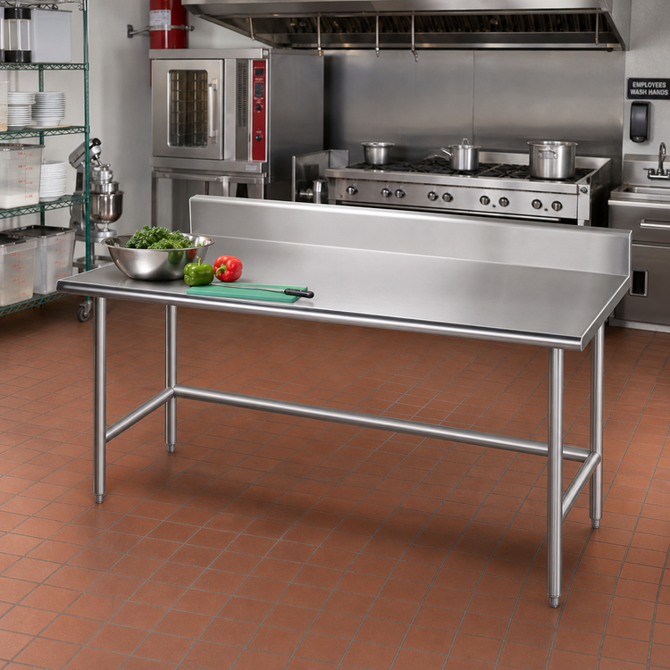 Product image #2 for Advance Tabco 84 Inches x 36 Inches 16 Gauge 430 Stainless Steel Work Table with 5-Inch Backsplash and Open Crossrail Base