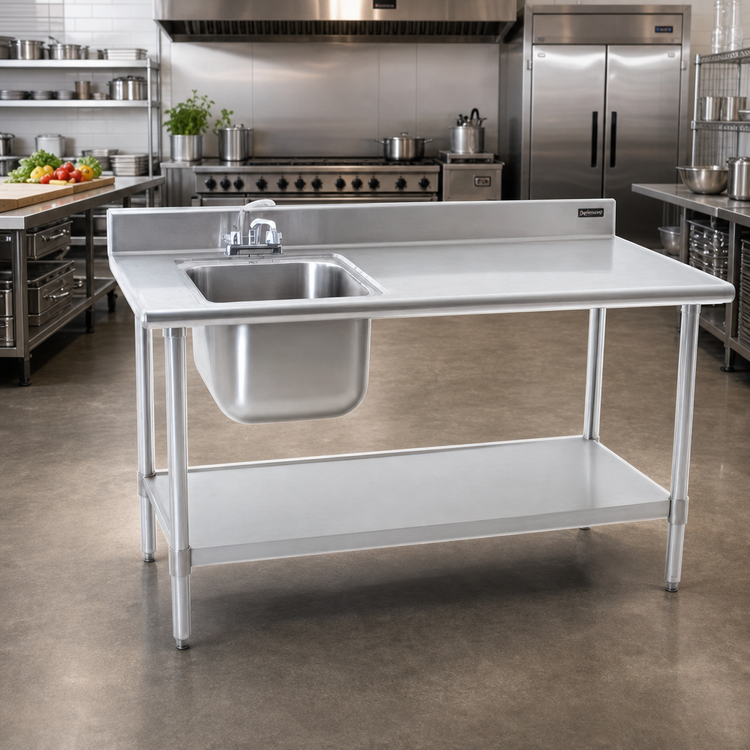 Product image #2 for Eagle Group Deluxe 48-Inch x 30-Inch Stainless Steel Sink Table with Left Bowl and Undershelf