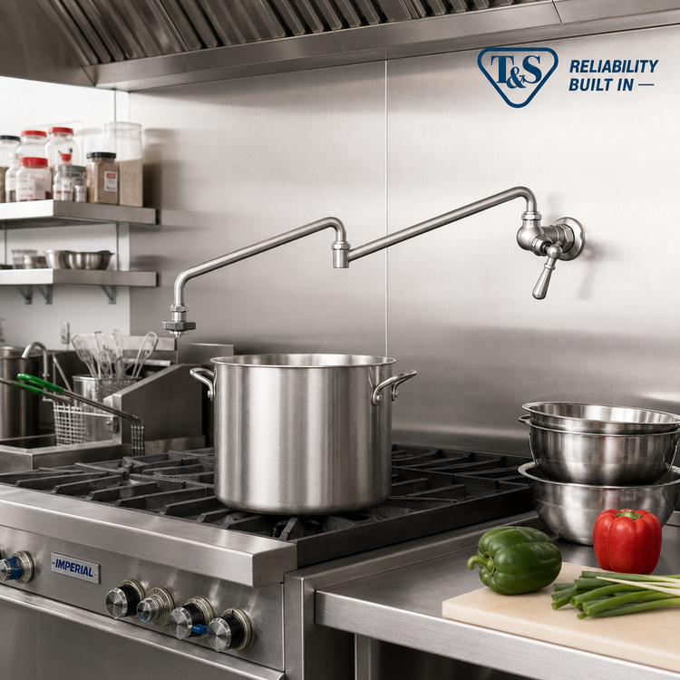 Product image #2 for T&S Brass Wall-Mount Single-Temperature Pot and Kettle Filler Faucet with 26-Inch Double-Jointed Swing Nozzle