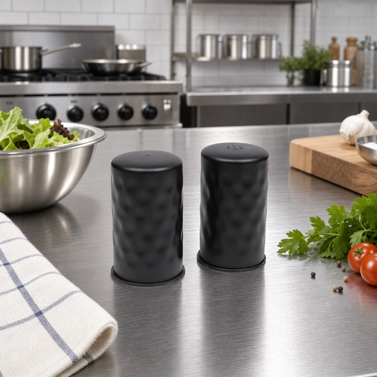 Product image #2 for 2 oz. Hammered Black Stainless Steel Salt & Pepper Shaker Set
