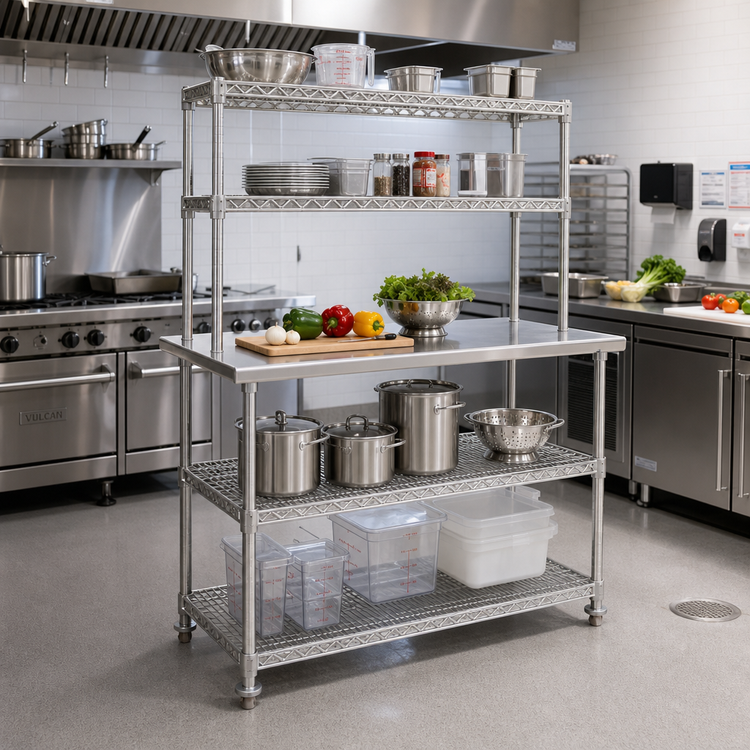 Product image #2 for Eagle AdjusTable 60 Inch x 24 Inch Two-Tier Stainless Steel Work Surface System with Double Overshelf