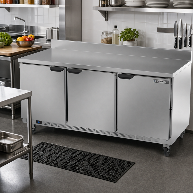 Product image #2 for Beverage-Air 72-Inch Three-Section Worktop Refrigerator with Solid Doors and Foamed-In-Place Backsplash