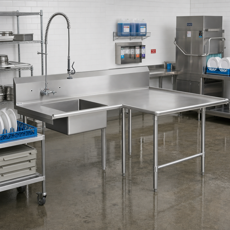 Product image #2 for John Boos Pro-Bowl L-Shaped Soiled Landing Dishtable with 20" x 20" x 8" Pre-Rinse Sink Bowl, Right-to-Left, 14-Gauge Stainless, 144" Corner-to-End