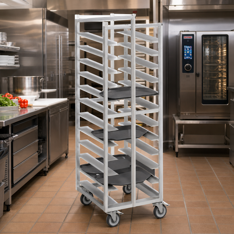 Product image #2 for Channel Manufacturing Trapezoidal Series Aluminum Cafeteria Tray Rack, Single Section, 64-Inch High, End Load, 20-Tray Capacity, 5-Inch Swivel Plate Casters