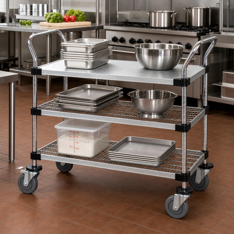 Product image #2 for Quantum 304 Stainless Steel Utility Cart with 2 Wire Shelves and 1 Solid Shelf, 48 x 24 x 37-1/2 Inches