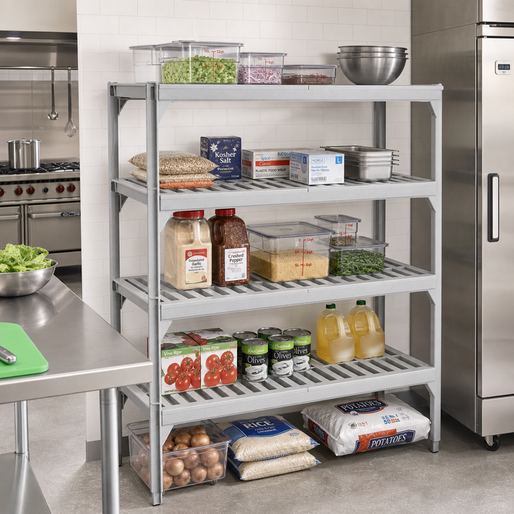 Product image #3 for Cambro Camshelving Premium 21" x 42" 5-Shelf Vented and Solid Polymer Shelf Kit, Speckled Gray