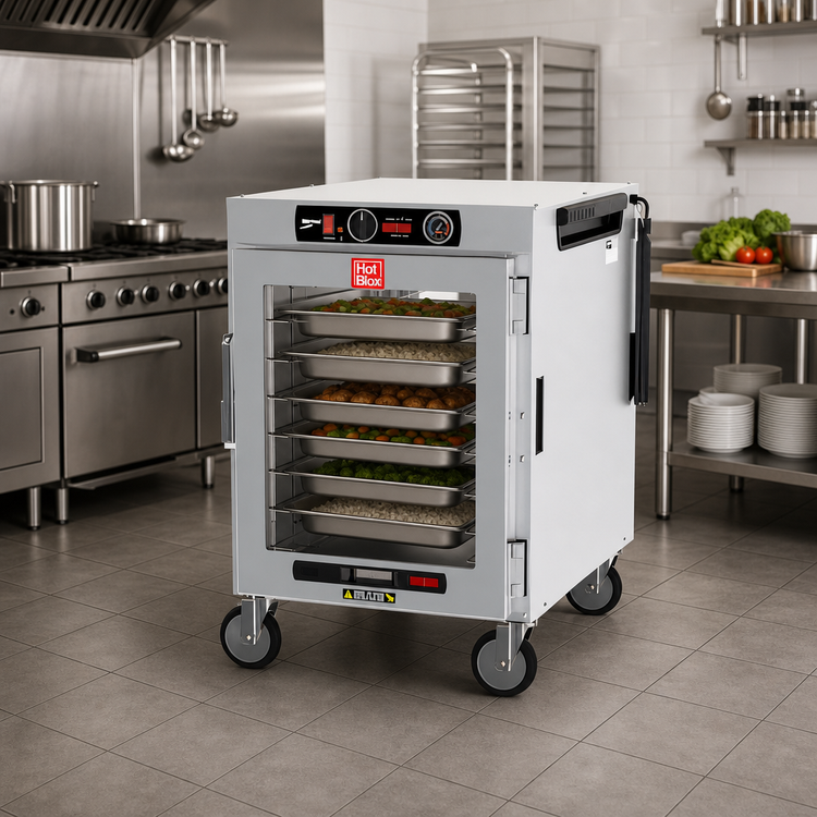 Product image #3 for Metro HotBlox™ Wide 8-Pan Pass-Thru Half-Height Insulated Holding Cabinet, Analog Control, Clear Front and Rear Doors, 120V