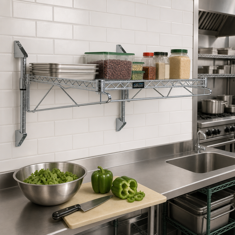 Product image #2 for Quantum Wall-Mount Cantilever Single Shelf Wire Shelving Unit, 54 x 14 Inch, Gray Epoxy Antimicrobial Finish