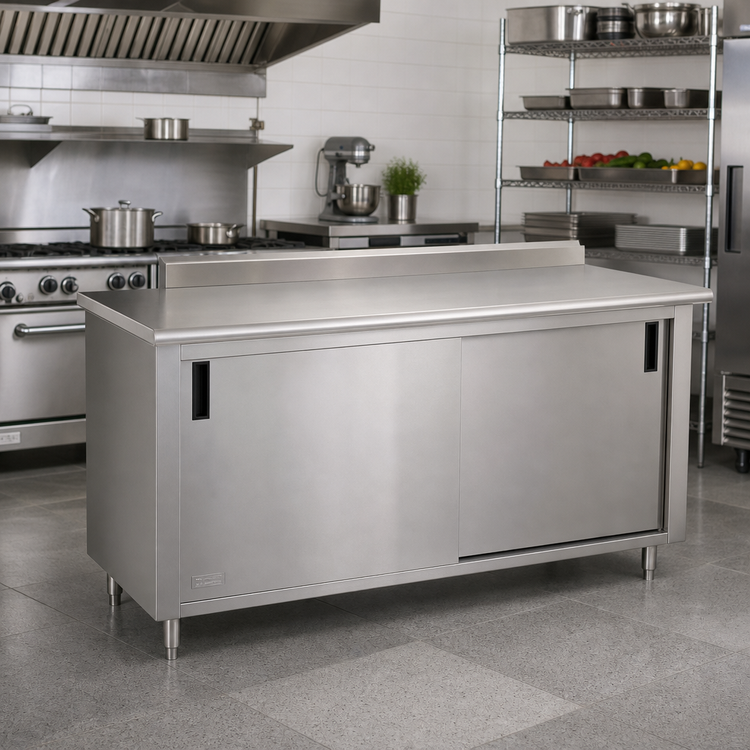 Product image #2 for Advance Tabco Enclosed Work Table with Sliding Doors, 96 x 30 Inches, 14 Gauge 304 Stainless Steel Top