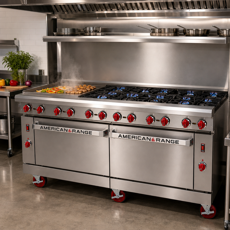 Product image #2 for American Range Green Flame 72-Inch Commercial Gas Range with 24-Inch Griddle, 8 Open Burners, and 2 Standard Ovens