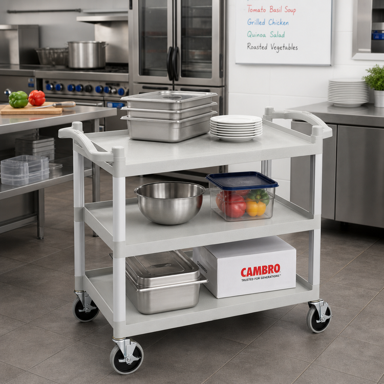 Product image #3 for Cambro KD Low-Profile 3-Shelf Utility Bus Cart, Speckled Gray, 400 lb. Capacity