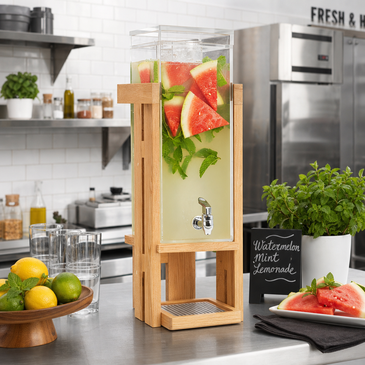 Product image #3 for Cal-Mil Sydney Single Acrylic Beverage Dispenser with Ice Chamber and Drip Tray, 3 Gallon, Oak