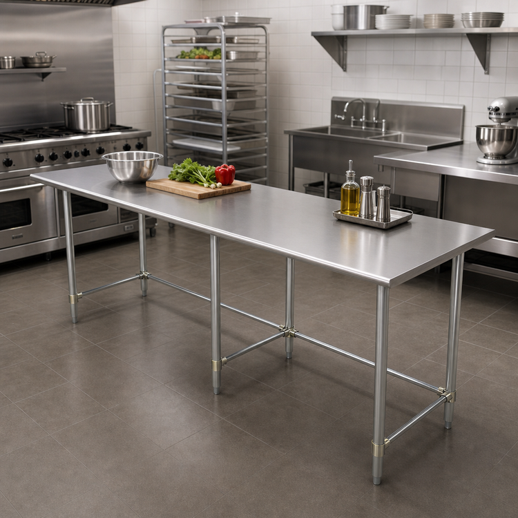 Product image #2 for 108-Inch x 30-Inch 18-Gauge 400-Series Stainless Steel Work Table with Open Base