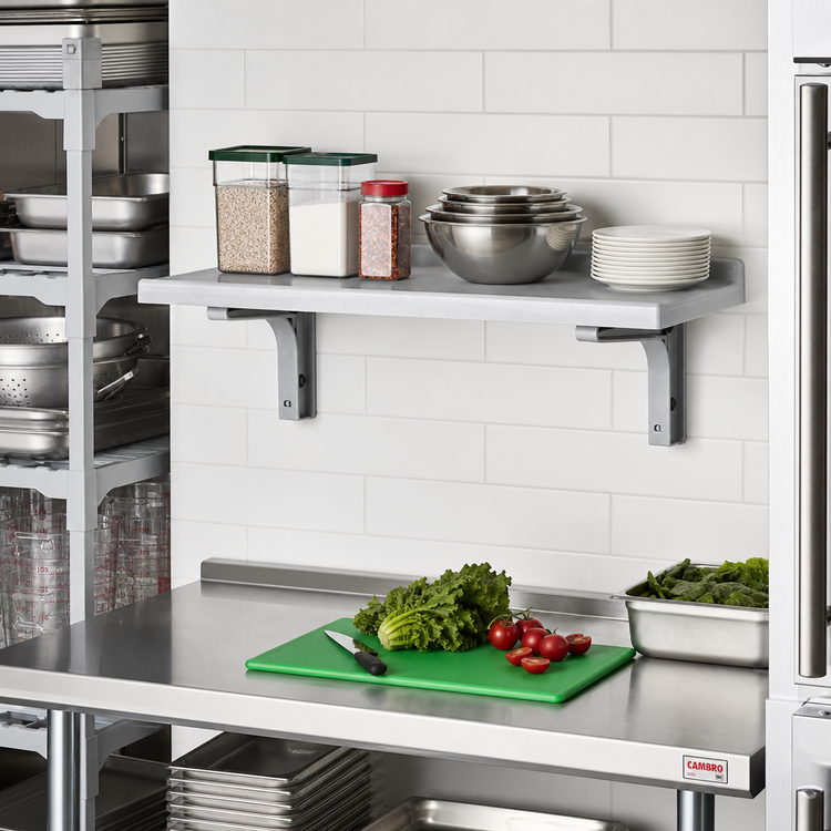 Product image #3 for Cambro Camshelving Wall-Mounted Solid Shelf, 36W x 18D x 13-1/2H, Speckled Gray