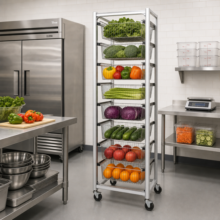 Product image #2 for New Age Stationary Full-Height Aluminum Produce Crisping Rack, 8-Basket Capacity