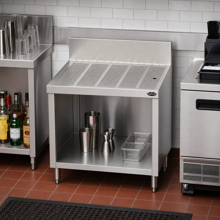 Product image #2 for Krowne Royal Series 30"W x 24"D Freestanding Stainless Steel Underbar Drainboard with Open Cabinet Base