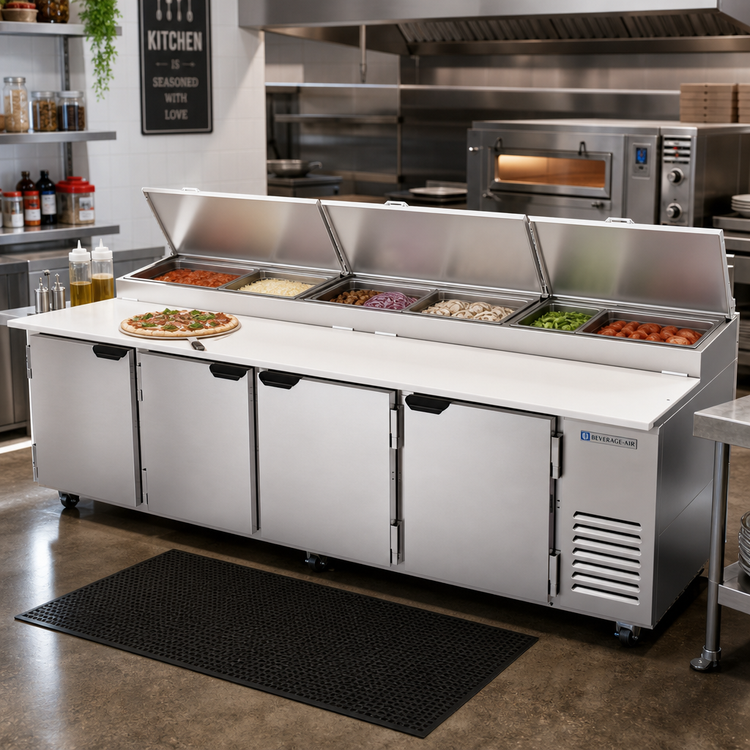 Product image #2 for Beverage-Air DP119HC Four-Door Deli/Pizza Prep Table, 119-Inch, 42.2 Cu. Ft., Side-Mounted Self-Contained Refrigeration