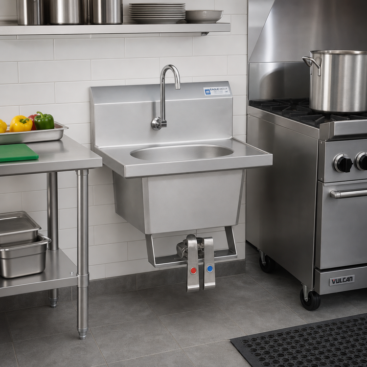 Product image #2 for Eagle Group 304 Stainless Steel Wall-Mounted Knee Pedal Hand Sink with Splash-Mount Gooseneck Spout, Skirt, and Basket Drain