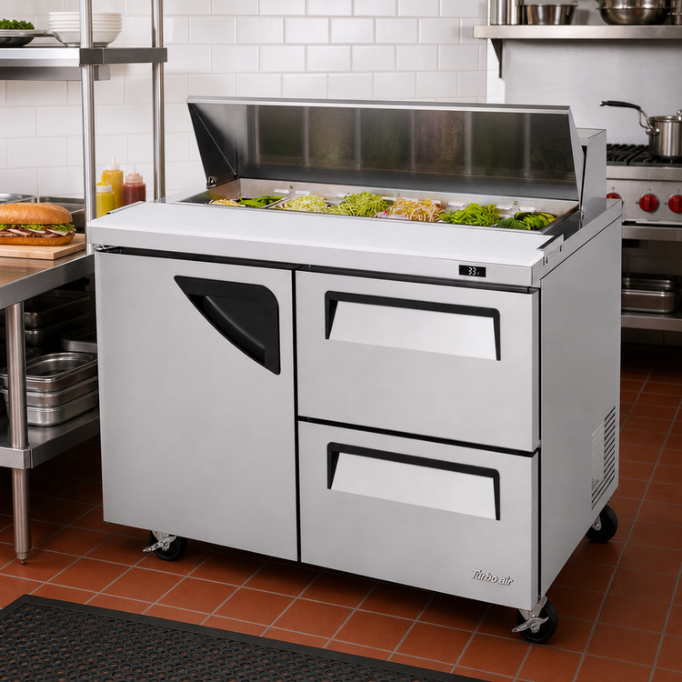 Product image #2 for Turbo Air Super Deluxe 48-Inch Two-Section Sandwich/Salad Prep Table with 1 Door and 2 Drawers, 12-Pan Opening