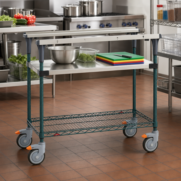 Product image #2 for Metro PrepMate MultiStation Adjustable Prep Cart with 18 x 24 Solid Stainless Steel Shelf and MetroSeal 3 Wire Shelf
