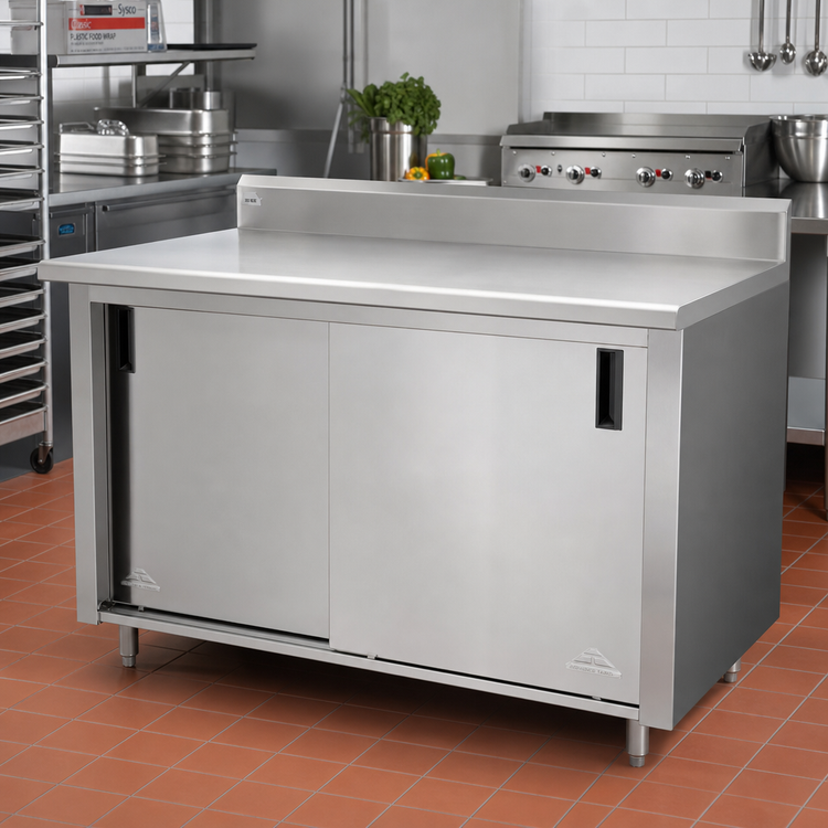 Product image #2 for Advance Tabco Special Value 60" x 24" Enclosed Work Table with 16-Gauge 304 Stainless Steel Top, Cabinet Base, Sliding Doors, and 5" Backsplash
