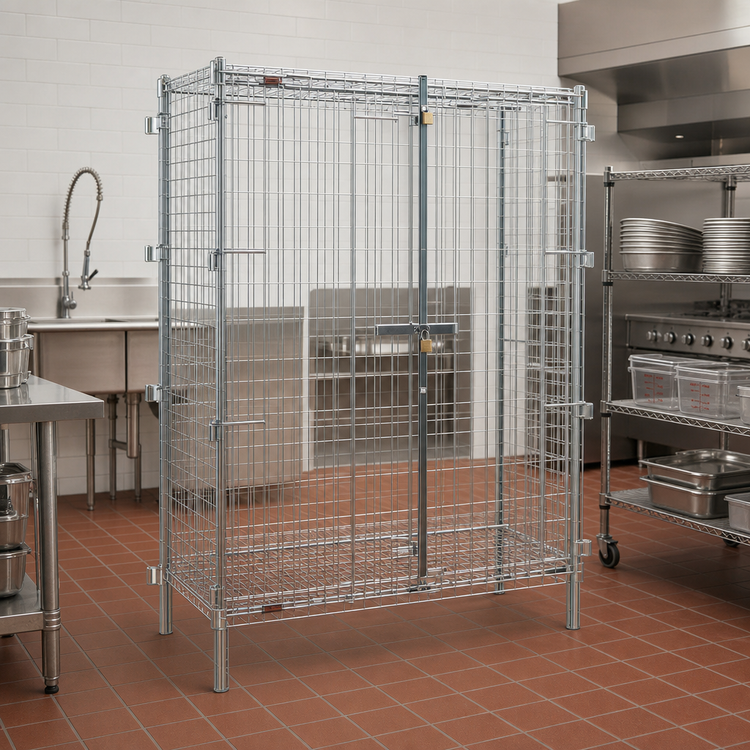 Product image #2 for QuadTruss Stationary Wire Security Cage with Dual Padlock-Ready Doors, Chrome-Plated Finish, 51-1/4 x 27-1/4 x 67 Inches
