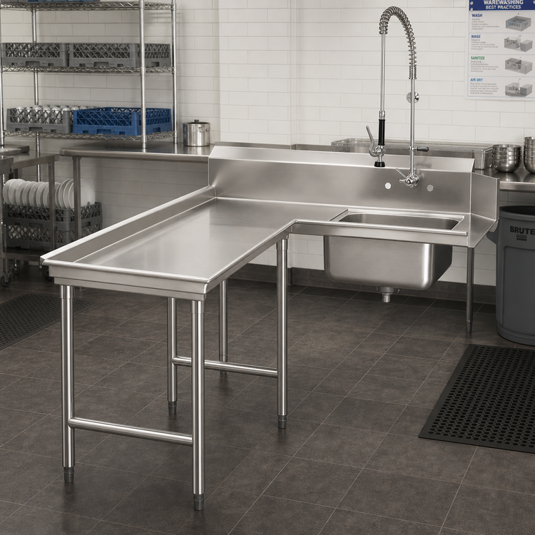 Product image #2 for Advance Tabco 47-Inch L-Shaped Island Soil Dishtable with Pre-Rinse Sink, Left-Hand, 16-Gauge 304 Stainless Steel