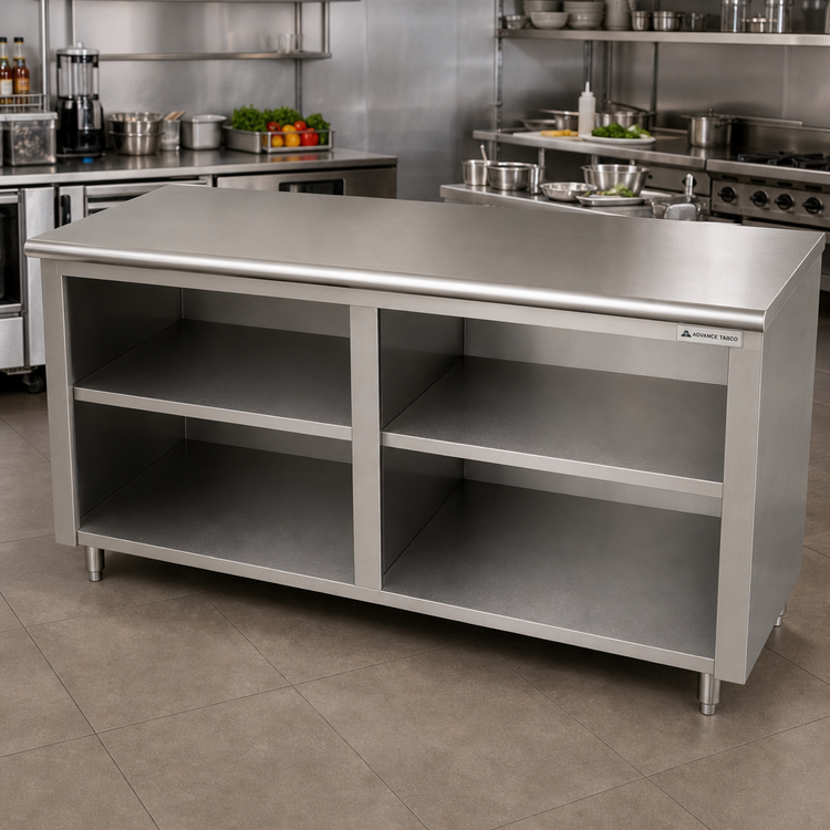Product image #2 for Advance Tabco 108-Inch Open Front Cabinet Base Underbar Work Table with Mid-Shelf and 14 Gauge 304 Stainless Steel Top