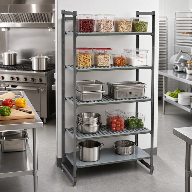Product image #2 for Cambro Camshelving Basics Plus 18 in. x 30 in. x 84 in. 5-Tier Stationary Starter Polymer Shelving Unit, 4 Vented + 1 Solid, Brushed Graphite