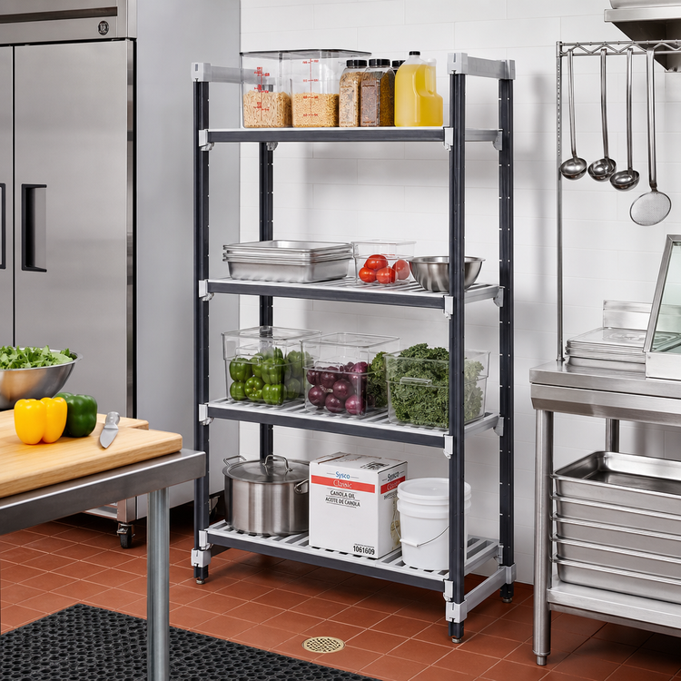 Product image #2 for Cambro Camshelving Elements XTRA 4-Shelf Stationary Starter Polymer Shelving Unit, 18 x 36 x 84, Speckled Gray