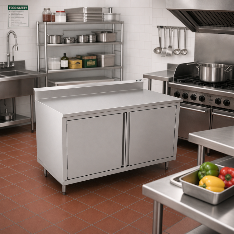 Product image #2 for John Boos Enclosed Work Table with Cabinet Base and Hinged Doors, 60 x 36 Inches, 16/300 Stainless Steel Top, 5-Inch Backsplash