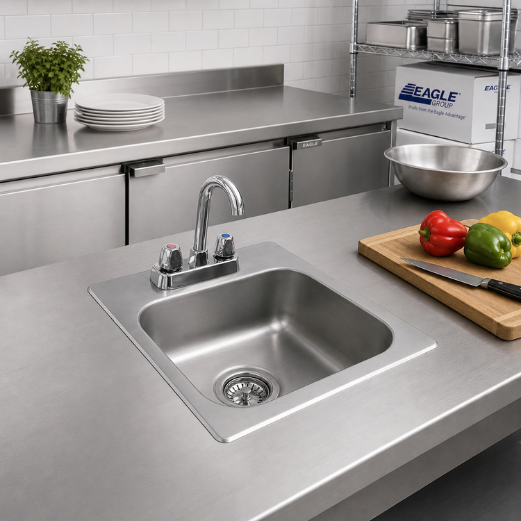 Product image #2 for Eagle Group Self-Rimming Drop-In Sink with Faucet and Basket Drain, 1-Compartment, 14 x 10 x 5 Inch Bowl