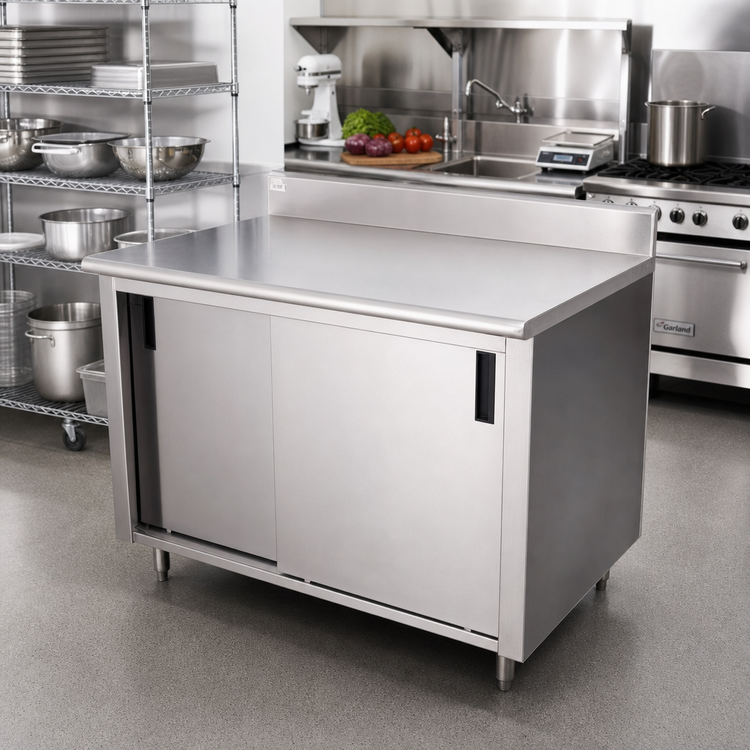 Product image #2 for Advance Tabco Enclosed Work Table with Cabinet Base, Mid-Shelf, Sliding Doors, 48 x 36 Inch, 14 Gauge 304 Stainless Steel Top, 5 Inch Backsplash
