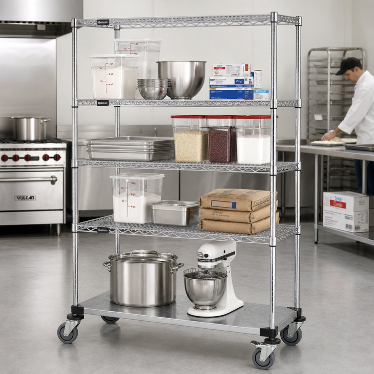 Product image #2 for Quantum Mobile Wire Shelving Cart, 48 in W x 24 in D x 69 in H, 4 Shelves, Chrome Plated Finish