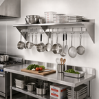 Thumbnail image #2 for Sapphire Manufacturing SMWP-1584 Wall-Mounted Stainless Steel Overshelf with Pot Rack, 84"W x 15"D, 18 Gauge, 9 Double Hooks