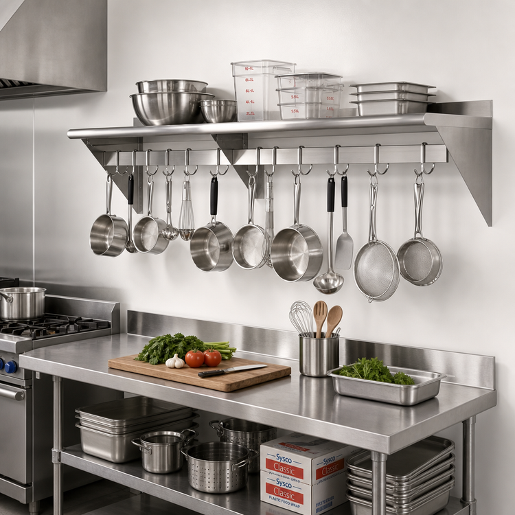 Product image #2 for Wall-Mounted Stainless Steel Overshelf with Pot Rack, 84-Inch W x 15-Inch D