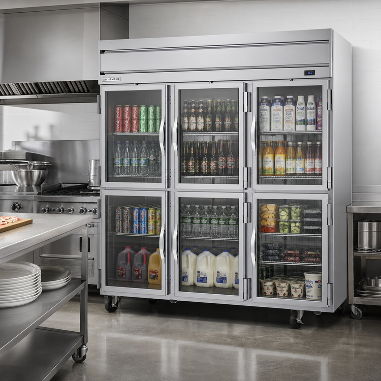 Product image #2 for Beverage-Air Horizon Series 3-Section Reach-In Refrigerator with 6 Half-Glass Doors, Top-Mount Self-Contained R290 Refrigeration, 71.52 Cu. Ft.