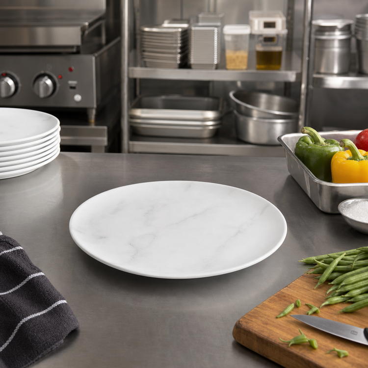 Product image #2 for Ridge 10-1/2 Inch Free-Form Melamine Dinner Plate, White Marble, Matte Finish
