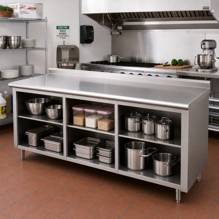Product image #2 for Advance Tabco 108-Inch x 24-Inch Stainless Steel Work Table with Open Front Cabinet Base, Mid-Shelf, and 1-1/2-Inch Rear Up-Turn