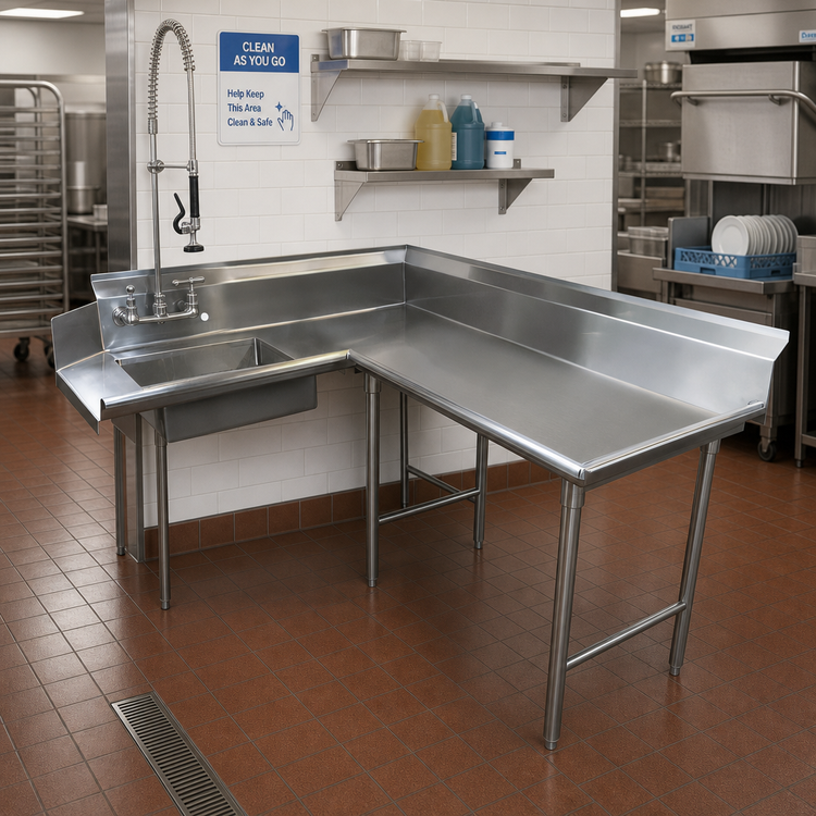 Product image #2 for Advance Tabco Korner Soil L-Shaped Right-Hand Dish Table with Pre-Rinse Sink, 71 Inch, 304 Stainless Steel