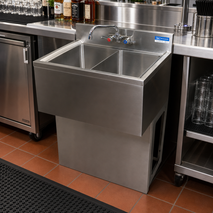 Product image #3 for BK Resources Slim-Line 36 Inch Three-Compartment Underbar Sink with Pedestal Base
