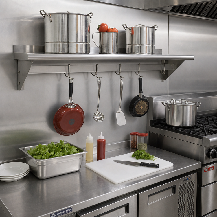 Product image #2 for Advance Tabco 72-Inch Wall-Mounted Stainless Steel Shelf with Pot Rack, 12-Inch Deep