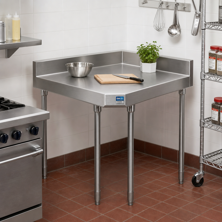 Product image #2 for BK Resources CVTR5OB-3024 30 Inches W x 24 Inches D x 39.75 Inches H Stainless Steel Corner Work Table with 5 Inches Riser — 16-Gauge 304 Top, Open Base