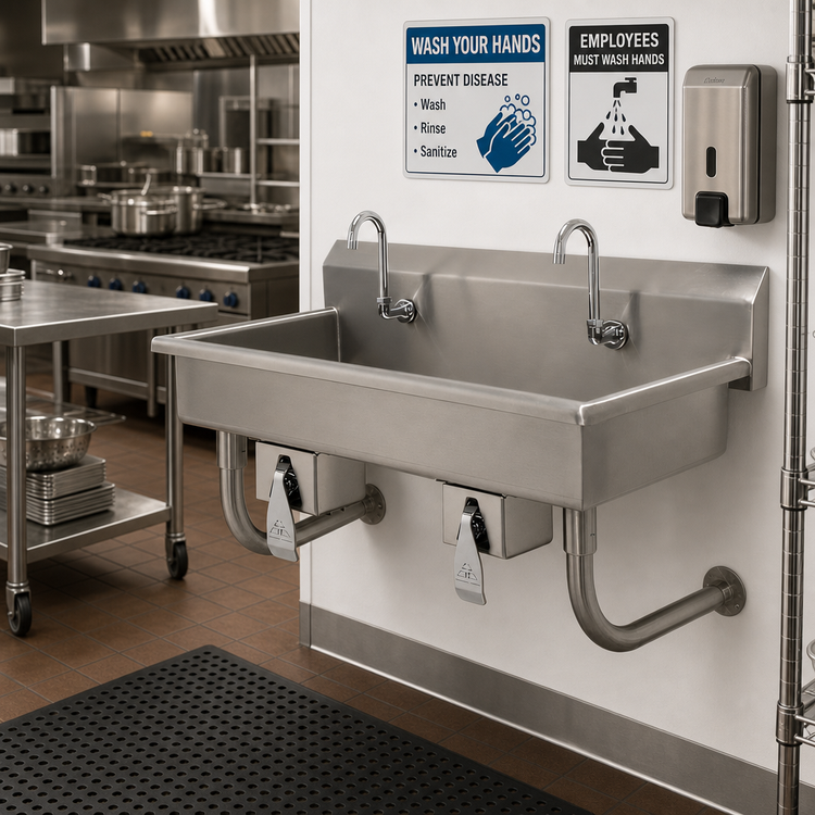 Product image #2 for Advance Tabco 2-Station Wall-Mounted Knee-Operated Hand Wash Sink, 40 Inch, 16 Gauge 304 Stainless Steel