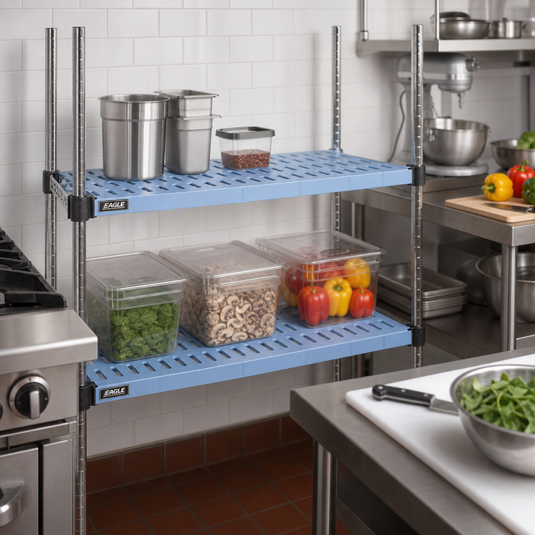 Product image #2 for Eagle Group QuadPlus 60"W x 18"D Blue Polymer Louvered Shelf Mat with MICROGARD Antimicrobial Protection and Chrome Quad-Adjust Frame