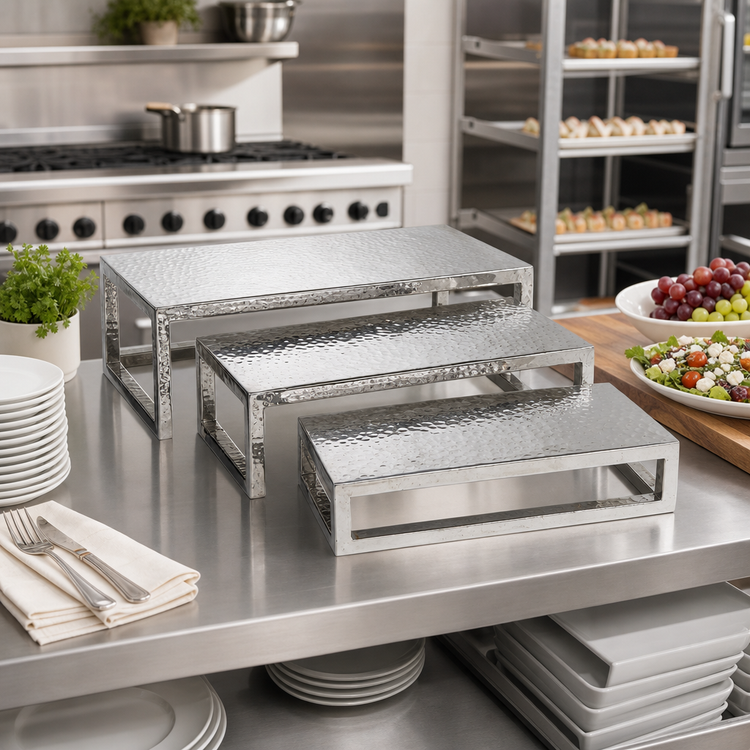 Product image #2 for American Metalcraft Hammered Stainless Steel Rectangular Buffet Riser Set, 3-Piece