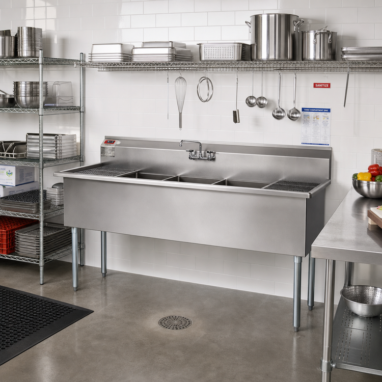 Product image #2 for Eagle Group Two-Compartment Utility Sink with Double Drainboards, 96-1/4 Inch W x 28 Inch D, 430 Stainless Steel